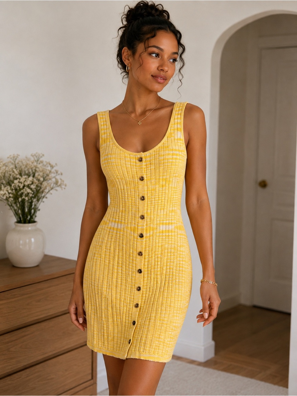 HERS Women’s Yellow Striped Ribbed Button Front Dress. Size: Medium